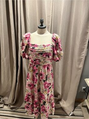 Abercrombie & Fitch Pink Floral Puff-Sleeve Midi Dress